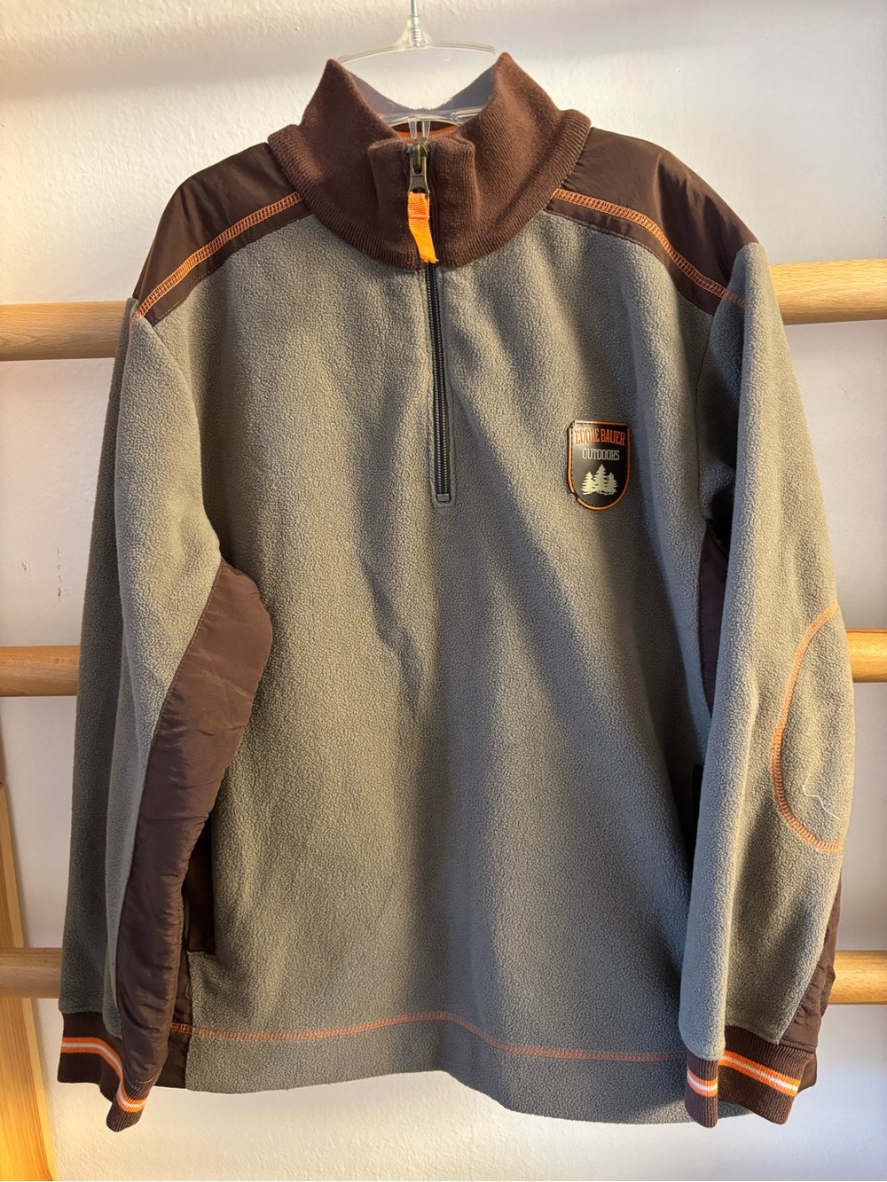 Eddie Bauer Gray Fleece Pullover with Brown Trim and Orange Accents